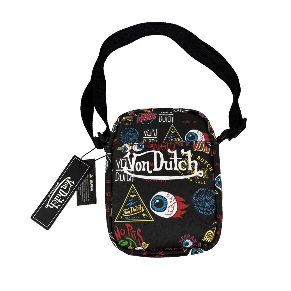 Von Dutch Jax Crossbody Sling Bag Black Embroidered Logo Adjustable Strap NWT